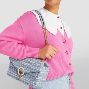 SANDRO Paris Yza Blue White Tweed Gold Chain Crossbody Handle Shoulder Bag